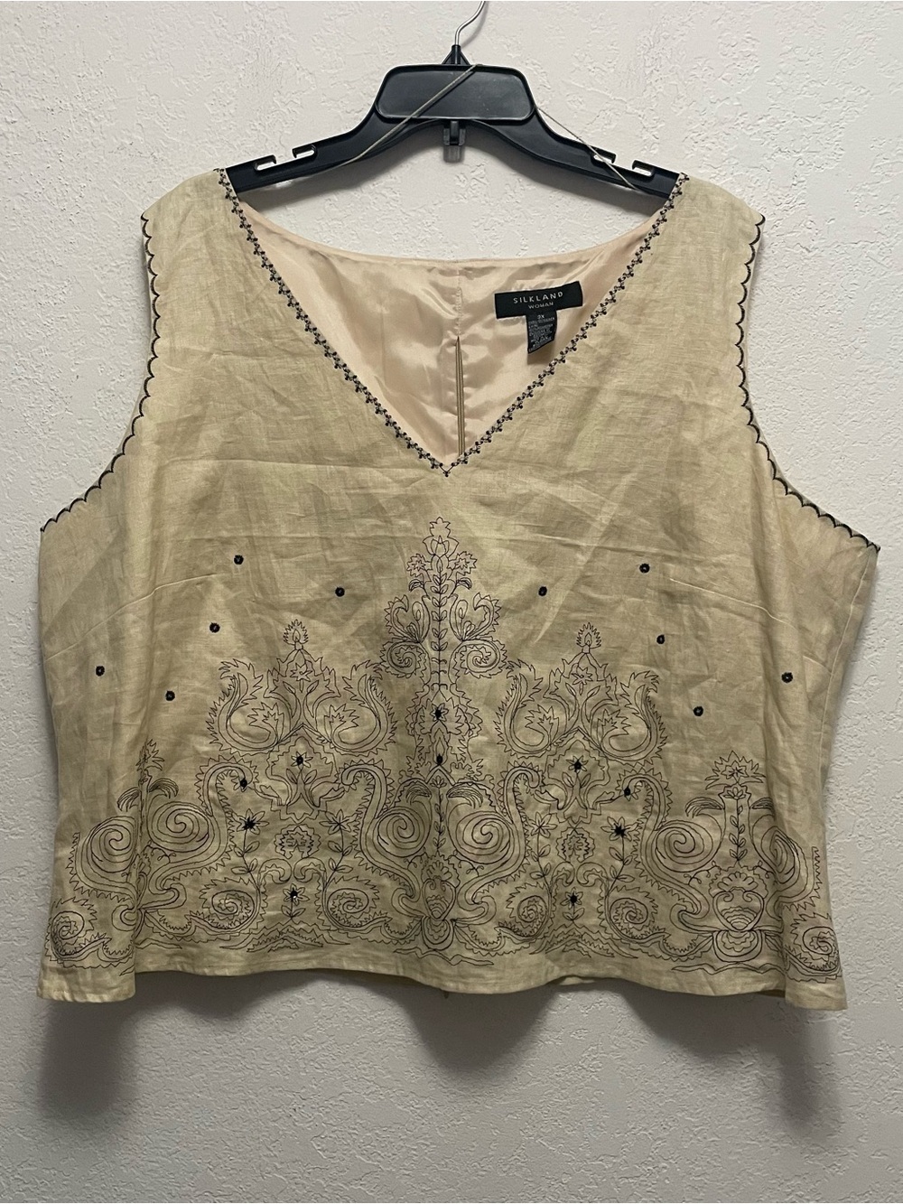 Silkland 100% Linen Floral Embroidered Sleeveless Top Blouse Lined Size 3X